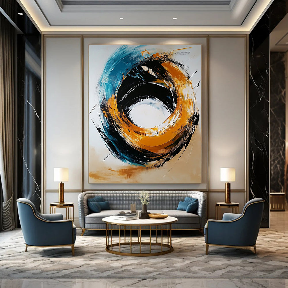 Contemporary hand-painted abstract artwork featuring a black and gold color scheme with a light orange circle and navy blue turquoise swirls against a white background. DLZ0446