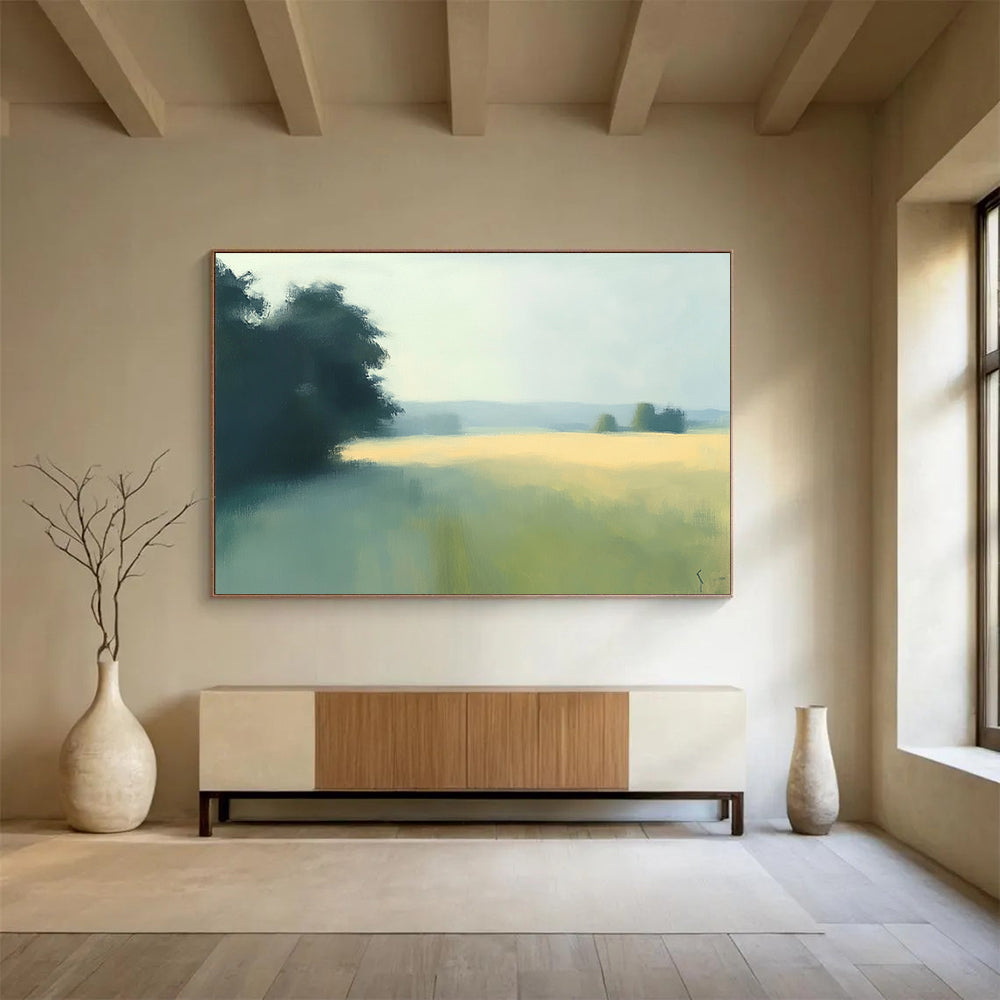 “Misty Field Landscape” - Green, yellow, blue, soft focus, Impressionist Landscape Painting HB0620