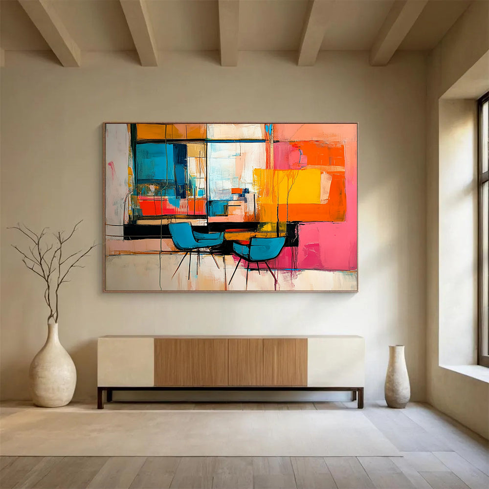 “Vibrant Interior Abstraction” - Multicolor, Abstract Interior Scene with Chairs HB1119
