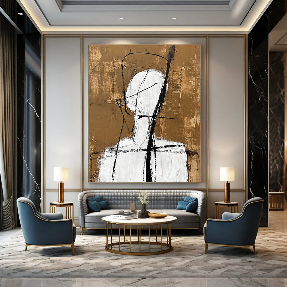 Contemporary abstract artwork featuring a simple white figure with black lines and a warm brown background inspired by Jean Cocteau's style. DLZ1463