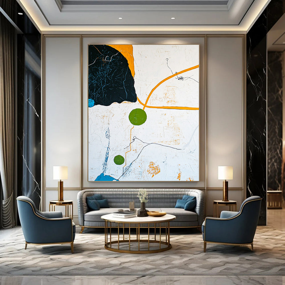 Contemporary hand-painted abstract artwork featuring an aerial landscape with blue sky yellow paths and green circle in a minimalist composition. DLZ0569