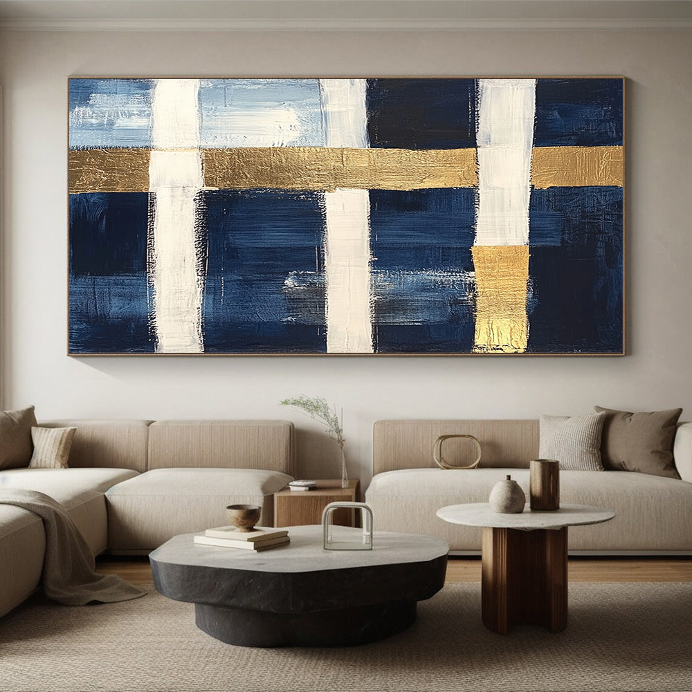 Navy, White, Gold, Horizontal Stripes "Gilded Nautical Horizons" Abstract Minimalist Painting On Canvas HB154