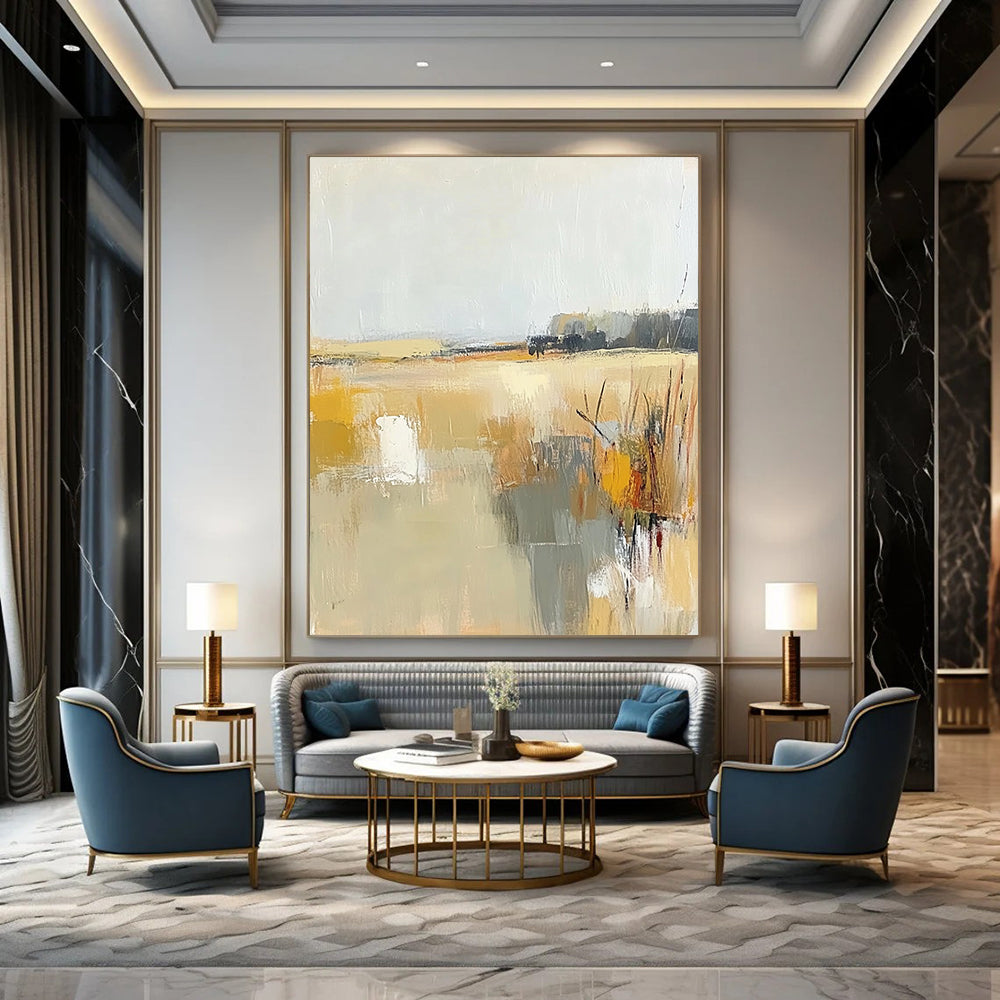 Contemporary abstract painting showcasing soft beige and gray tones with touches of yellow, illustrating the tranquil essence of a field beneath a light sky. DLZ0416