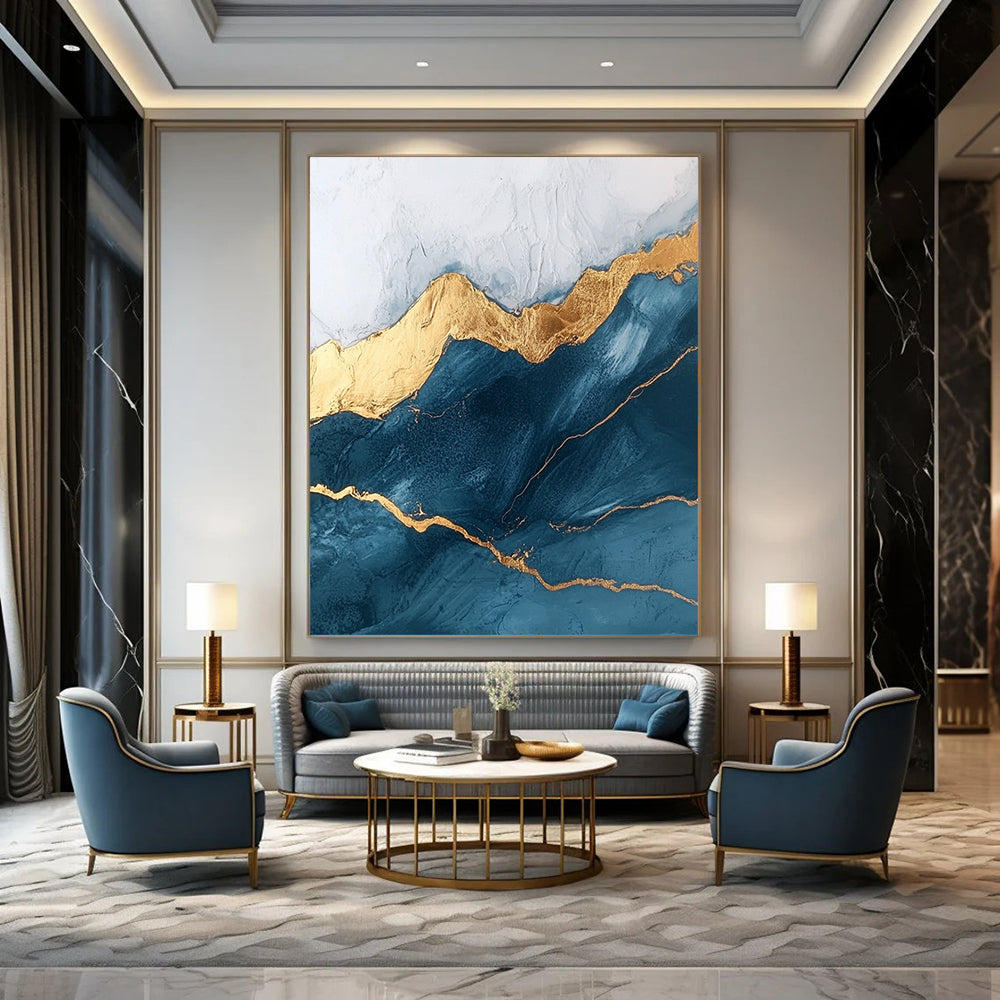 Contemporary abstract art featuring marble texture and rounded edges adorned with golden lines in a dark blue and white mountain peak theme. DLZ1591