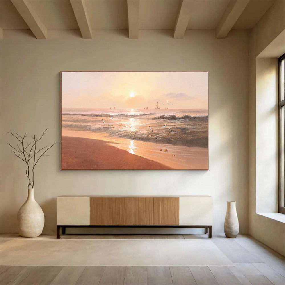 Sunset Beach with Sailboats - Romantic Living Room or Bedroom Art DLZ264
