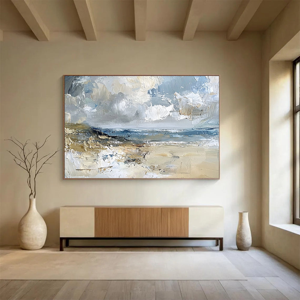 “Impasto Beachscape” - Gray, Blue, Beige, Textured Seaside Scene Painting On Canvas HB1032