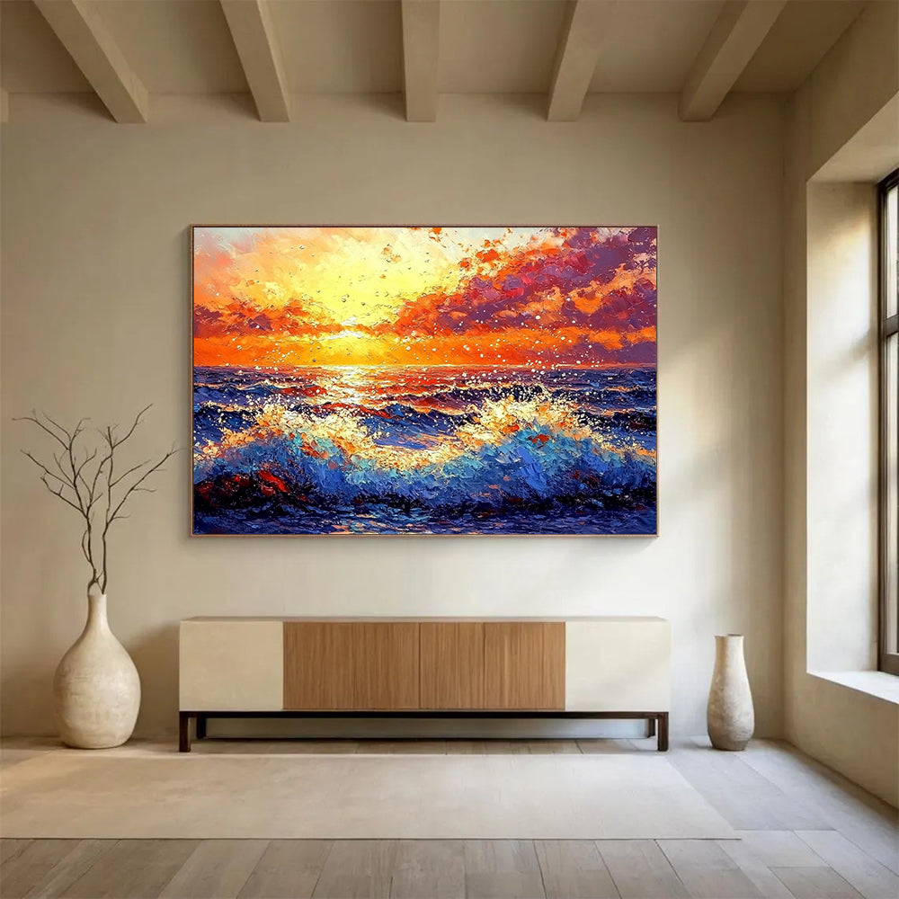 “Vibrant Sunset Ocean Waves” - Orange, Red, Purple, Blue, Crashing Waves - Impasto Oil Painting HB1698