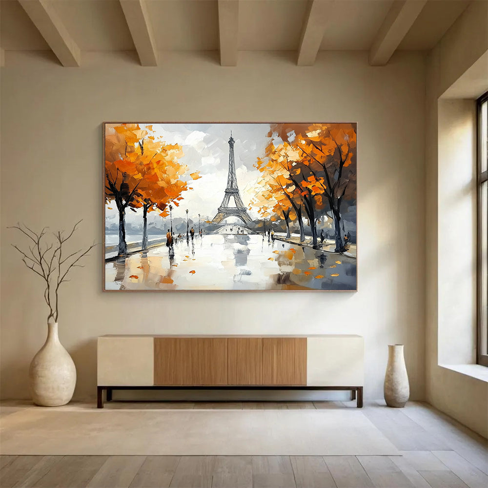 Gray, Orange, Blue and White Eiffel Tower Scene "Parisian Autumn" Painting On Canvas HB0665