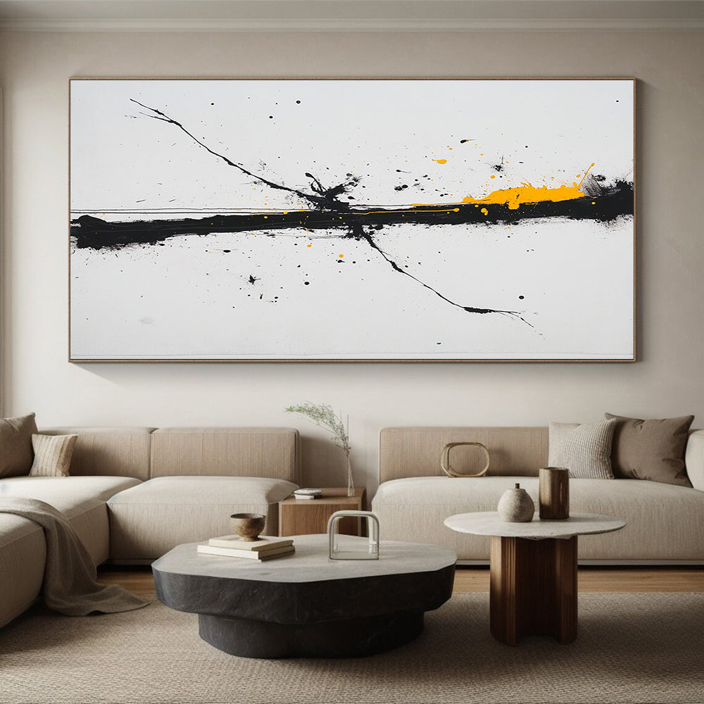 Black, White, Gray, Yellow, Bold Vertical Drip "Sunlit Chaos" Abstract Expressionist Painting On Canvas HB068