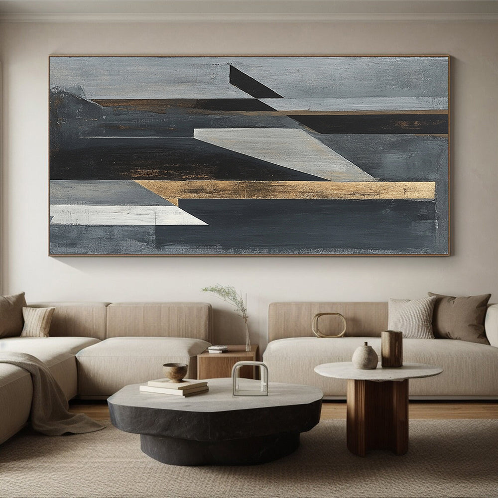 Gray, Black, White and Gold Geometric Abstraction "Dynamic Geometry" Painting On Canvas HB389