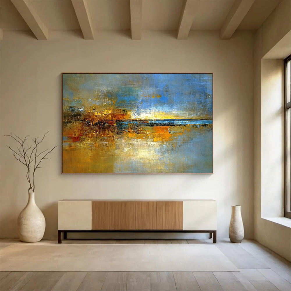 “Golden Abstract Dusk” - Rich Golds, Blues, and Browns, Layered Sunset - Inspired Abstract Painting On Canvas HB0909