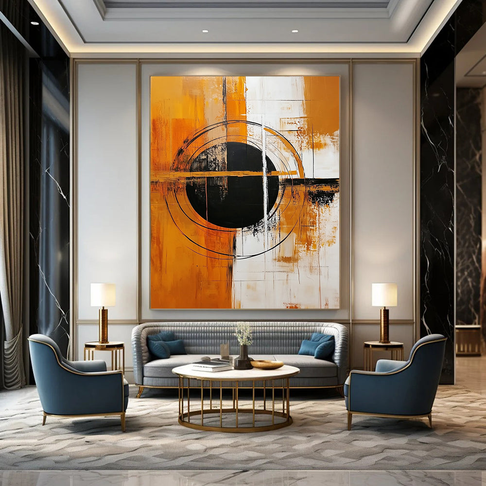Large contemporary hand-painted abstract artwork featuring a central black circle on an orange and white background with geometric shapes and bold colors. DLZ0505