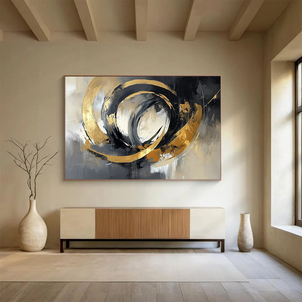 “Swirling Gold - Gray Circles” - Gold, Gray, Swirling Circles Painting On Canvas HB0793