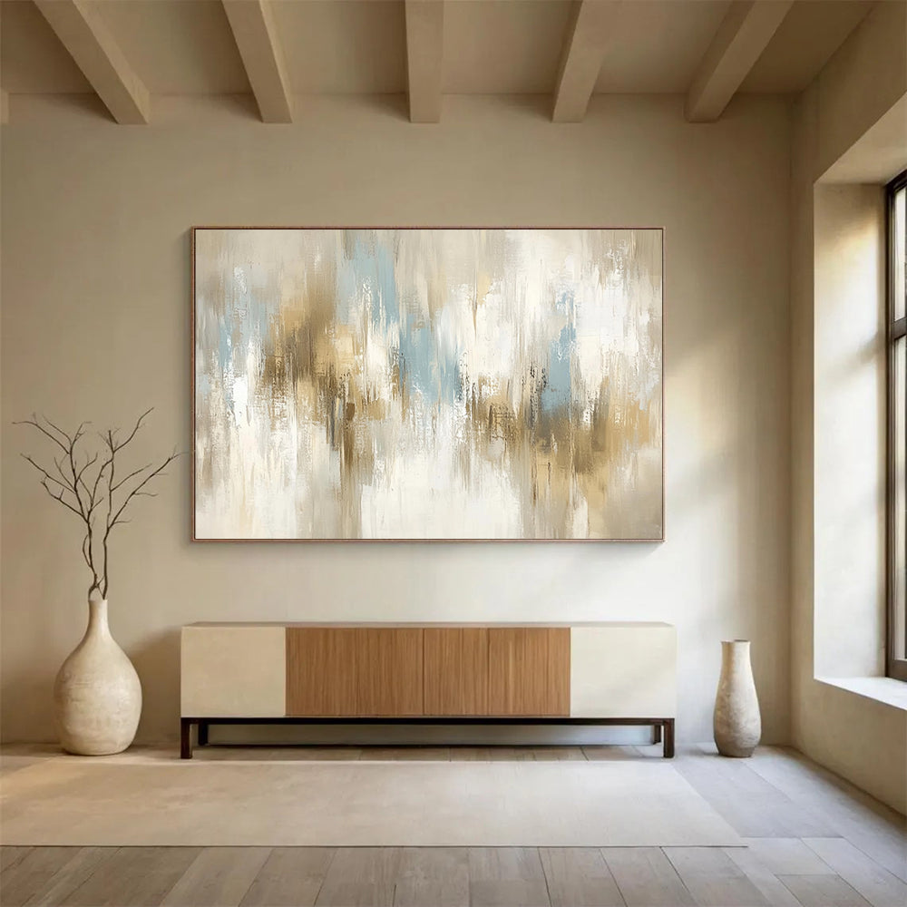 “Soft Neutral Abstract Strokes” - Beige, Gray, Blue, Subtle Abstract Brushstrokes Painting On Canvas HB0967