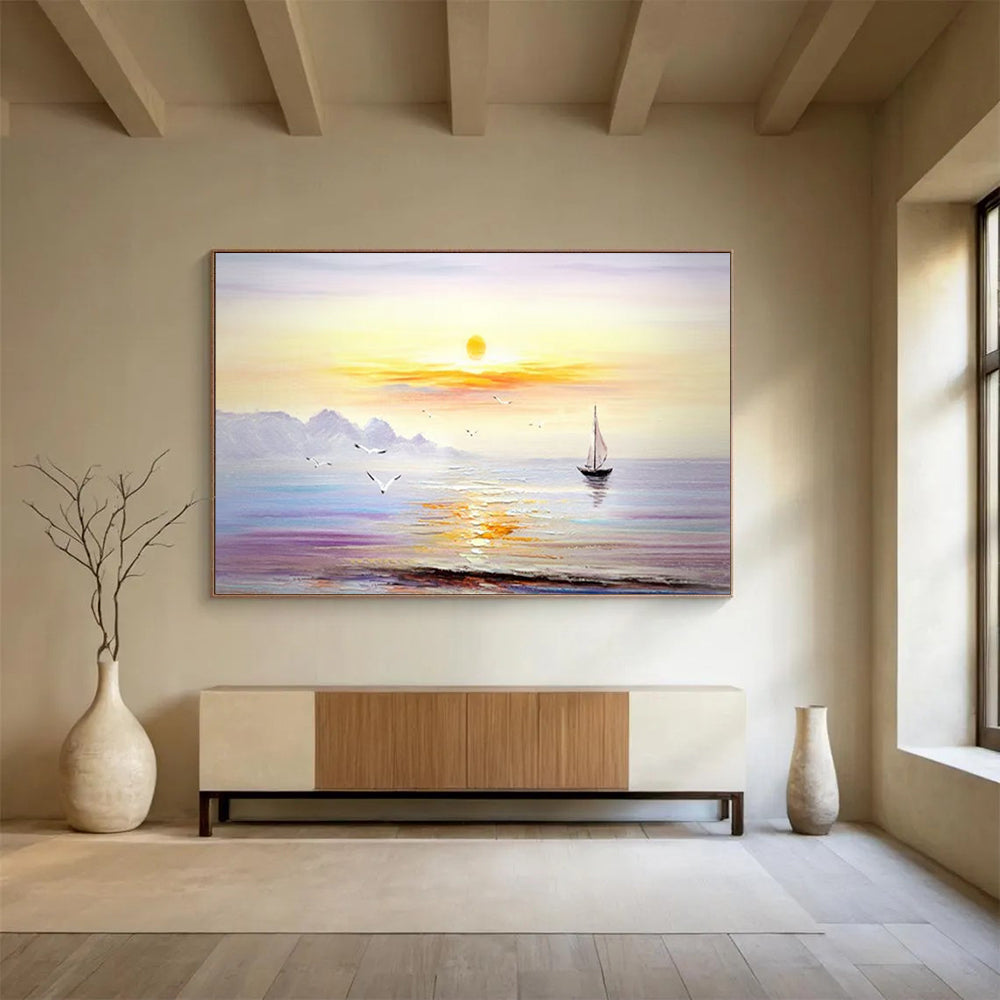 Sunset Sea Sailboat Oil Painting - Large Coastal Living Room Art DLZ181