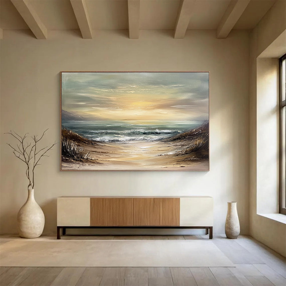 “Muted Beach Path” - Beige, Green, Blue, Sandy Path to the Sea - Textured Oil Painting HB1703