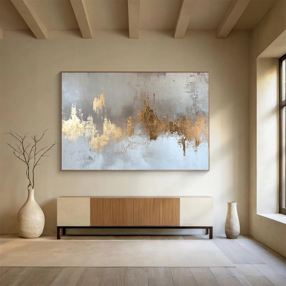 “Gold Accents on Gray White” - Gold, Gray, White, Textured Forms - Painting On Canvas HB1418