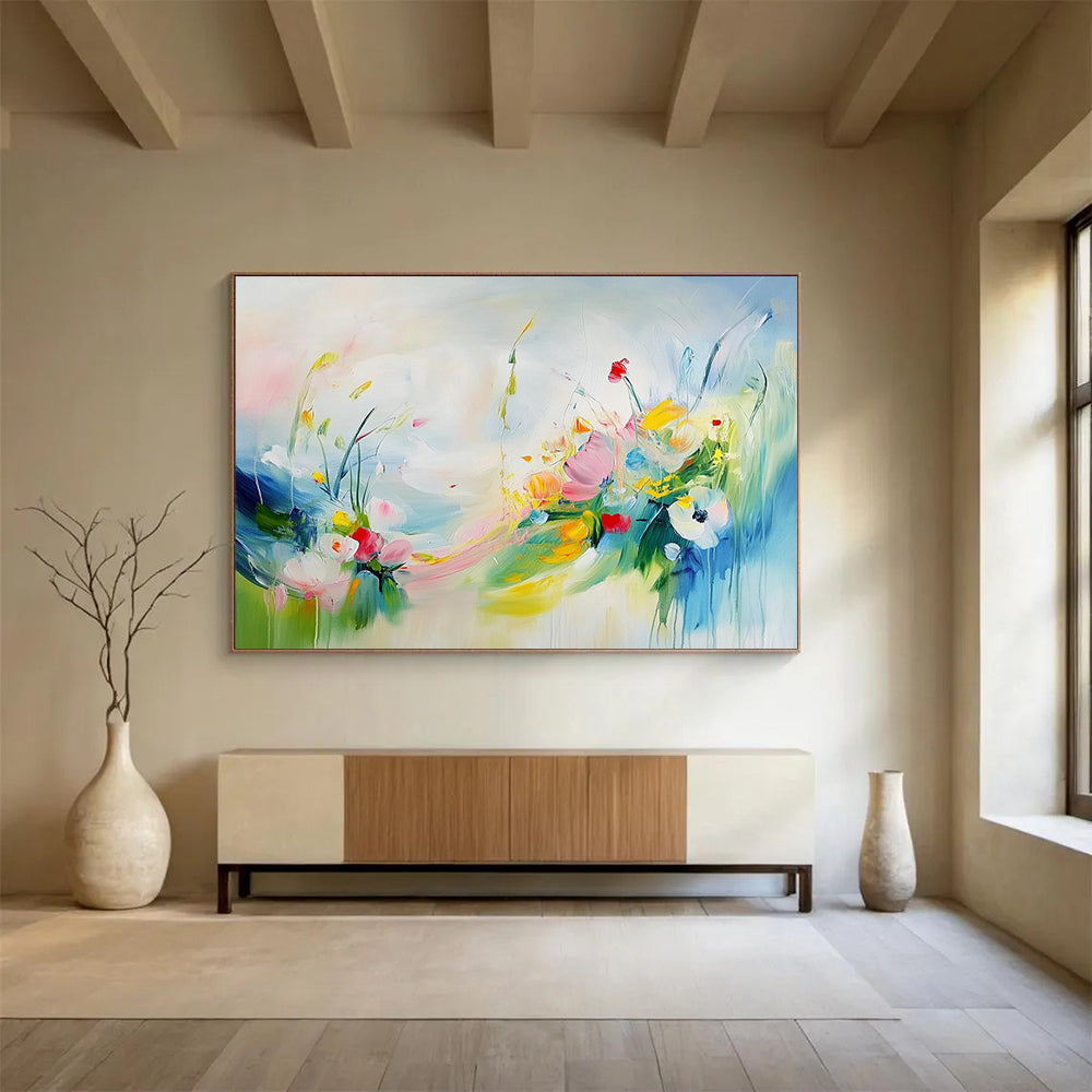 “Colorful Floral Breeze” - Pink, Yellow, Blue, Whimsical Flowers and Sky Painting On Canvas HB0937