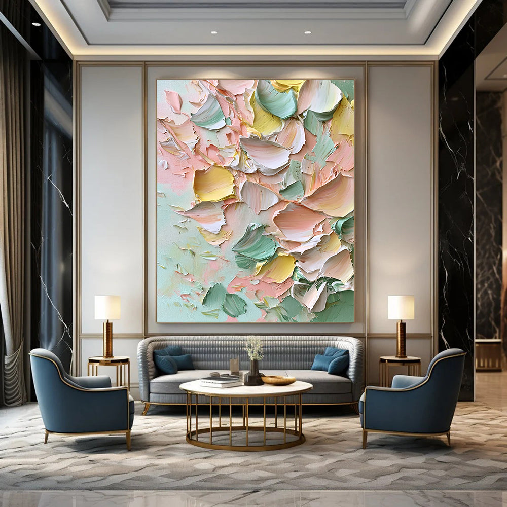 Contemporary large hand-painted abstract artwork featuring thick impasto strokes of soft pinks greens yellows and whites creating dreamy floral textures. DLZ1225