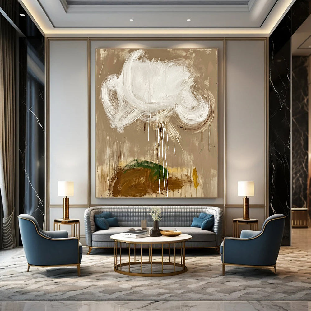 Contemporary hand-painted abstract artwork featuring a white cloud and brown earth on a beige background with white brush strokes and green details. DLZ0607
