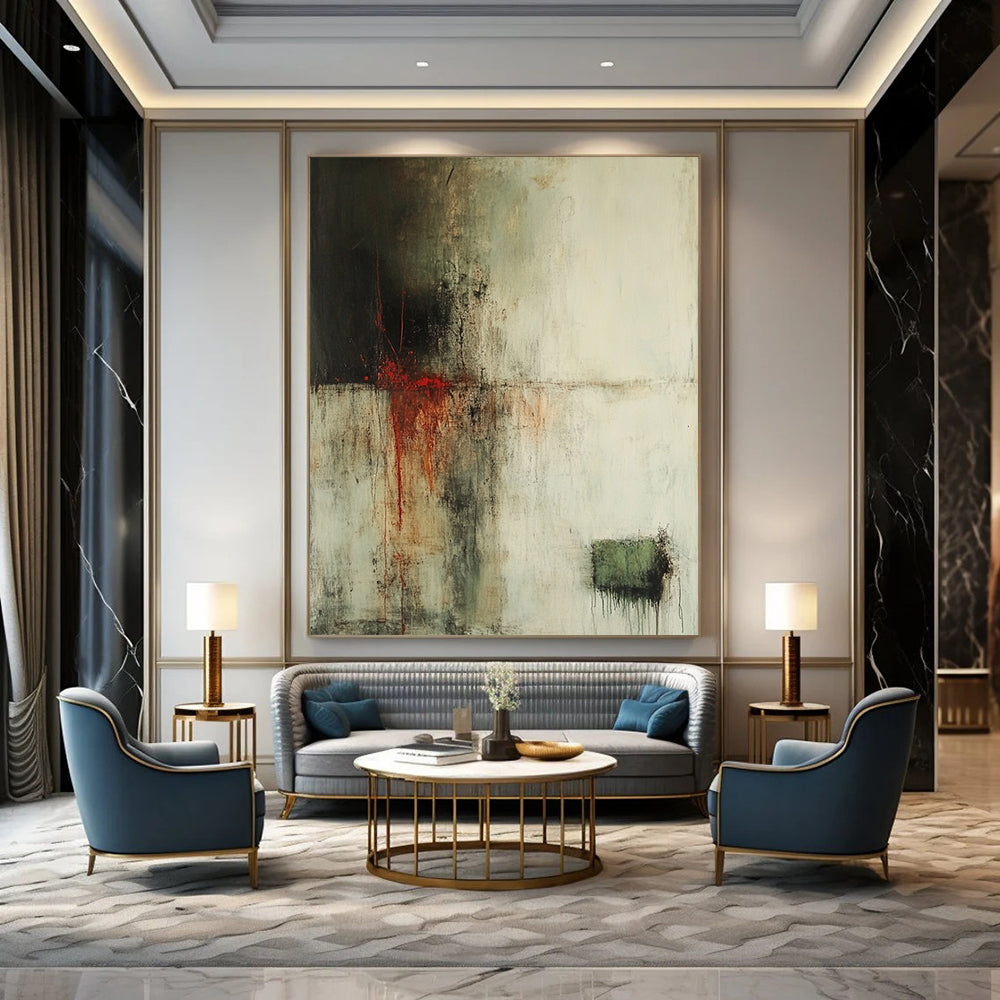 Contemporary hand-painted abstract art featuring faded whites dark browns and vibrant reds with atmospheric effects and soft edges. DLZ0902