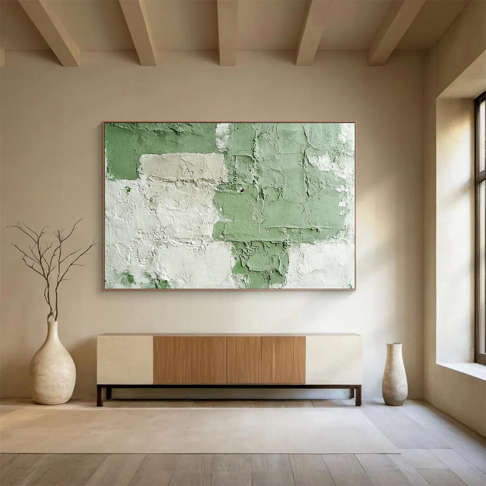 “Green and White Textured Abstract Wall” - Green, White, Textured Abstract Layers - Mixed Media Art HB1642