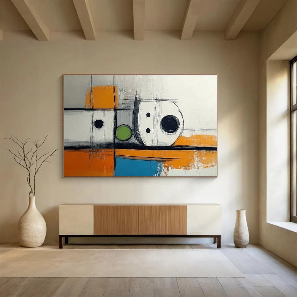 Black, White, Orange, Green and Blue Geometric Abstract "Minimalist Machinery" Painting On Canvas HB0416