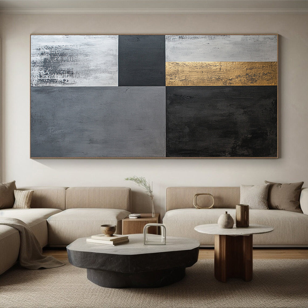 Black, Gray, White and Gold Geometric Squares "Elegant Geometry" Painting On Canvas HB352