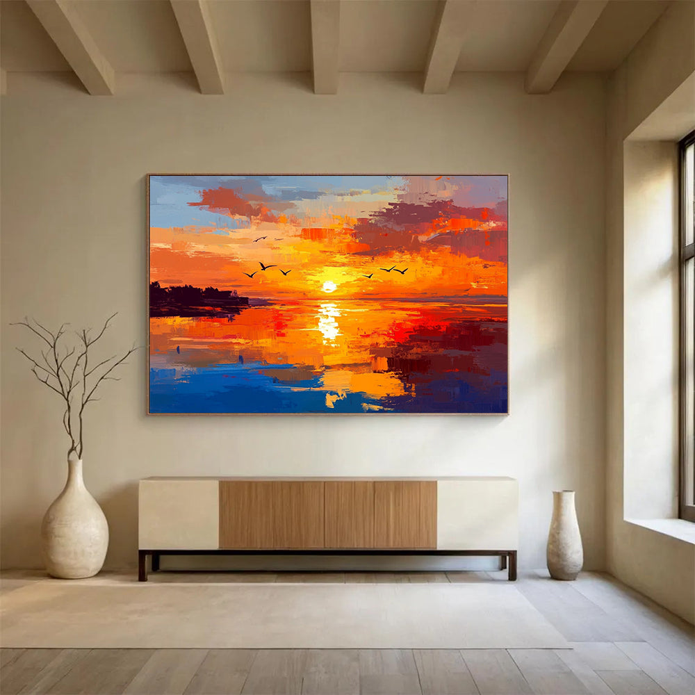 “Fiery Sunset Seascape” - Orange, Red, Yellow, Blue, Purple - Impasto Sunset Over Water - Oil Painting HB1324
