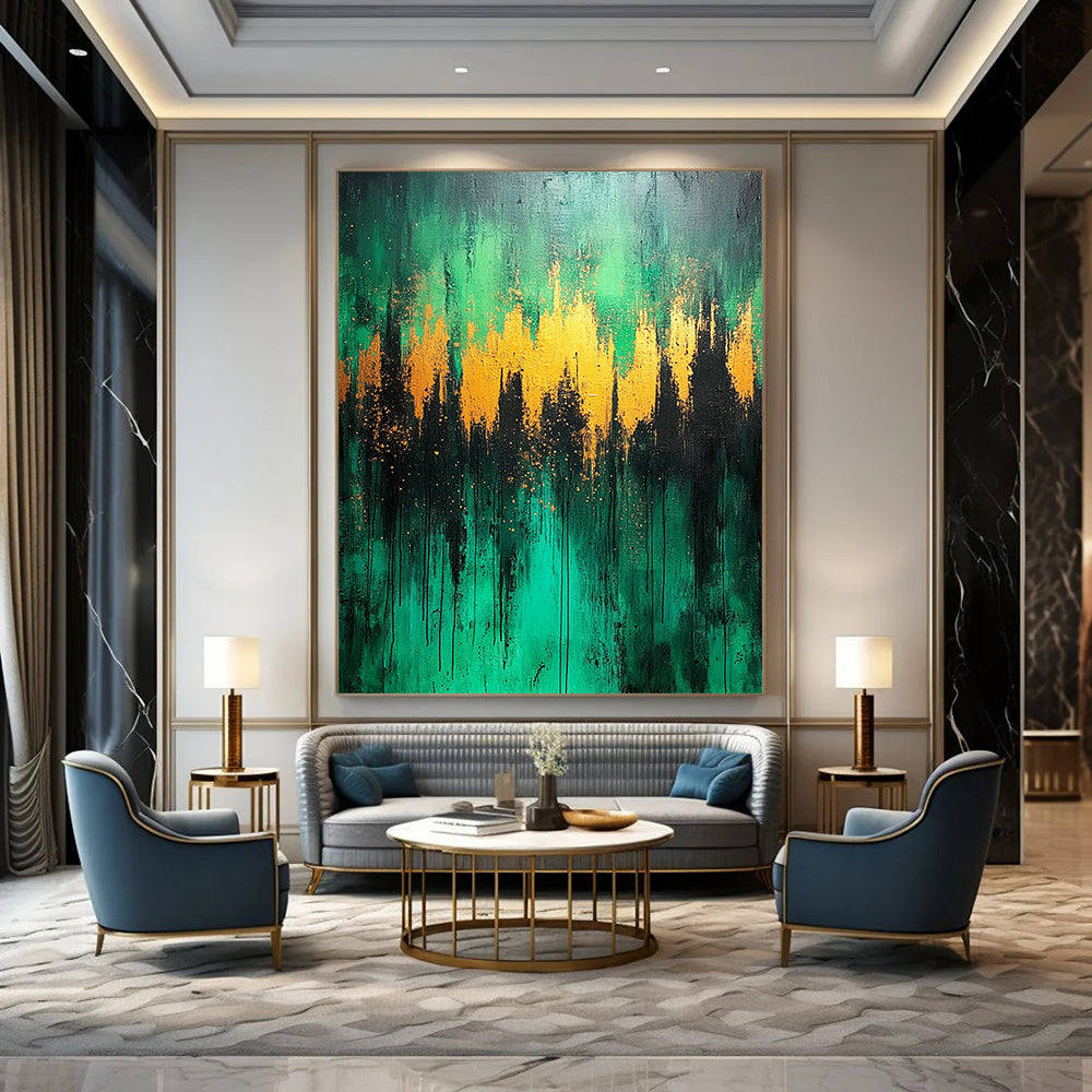 Contemporary abstract artwork featuring a lush green forest with light blue and gold accents on a textured canvas. DLZ0391