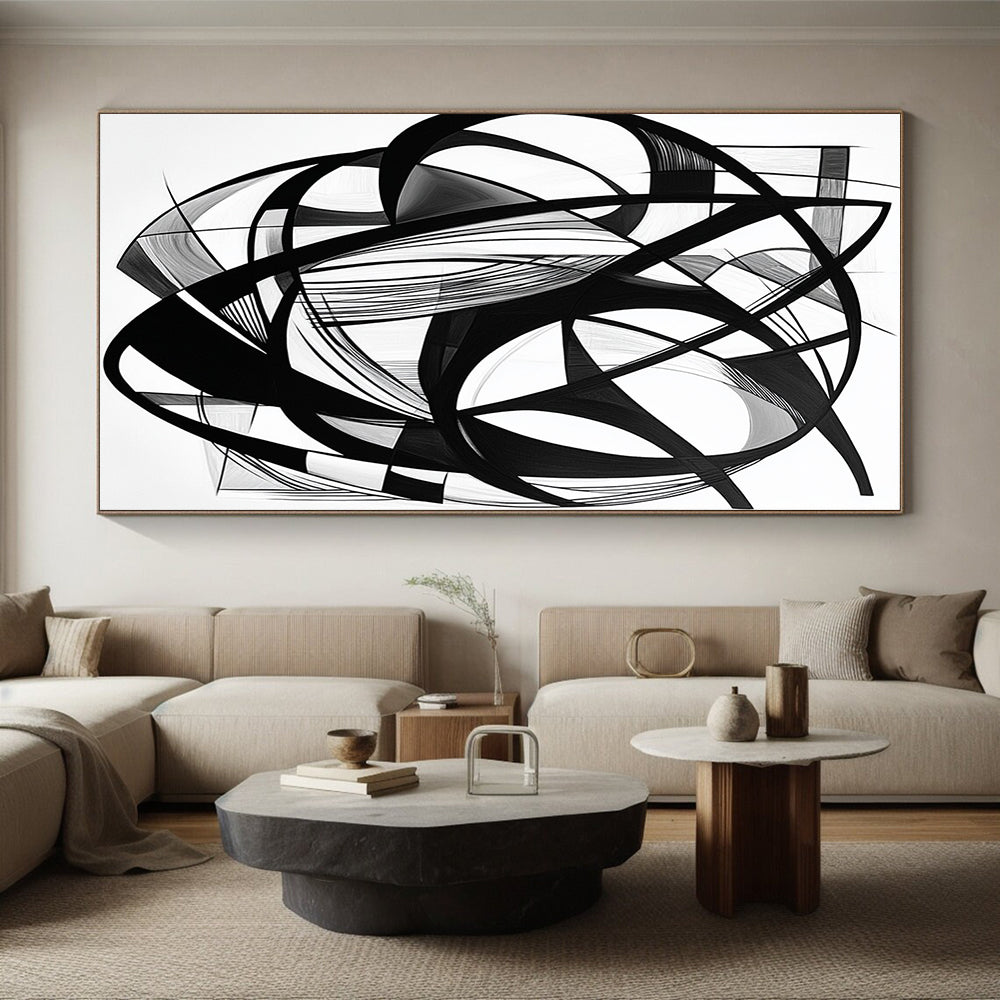 Black Intertwined Lines & Shapes - “Complex Ink Geometry” Painting On Canvas HB240