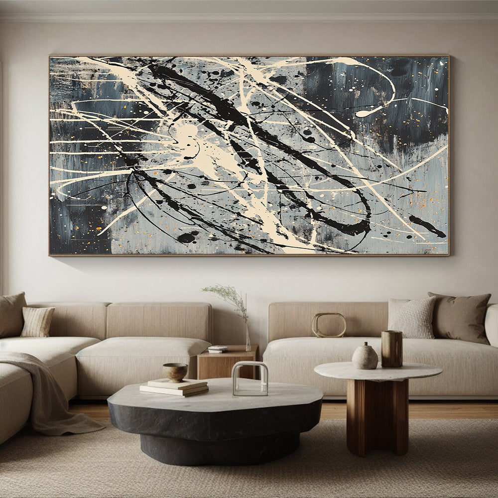 Gray, Black, White, Gold, Elaborate Drizzles "Cosmic Tangle" Abstract Pollock - Inspired Painting On Canvas HB055