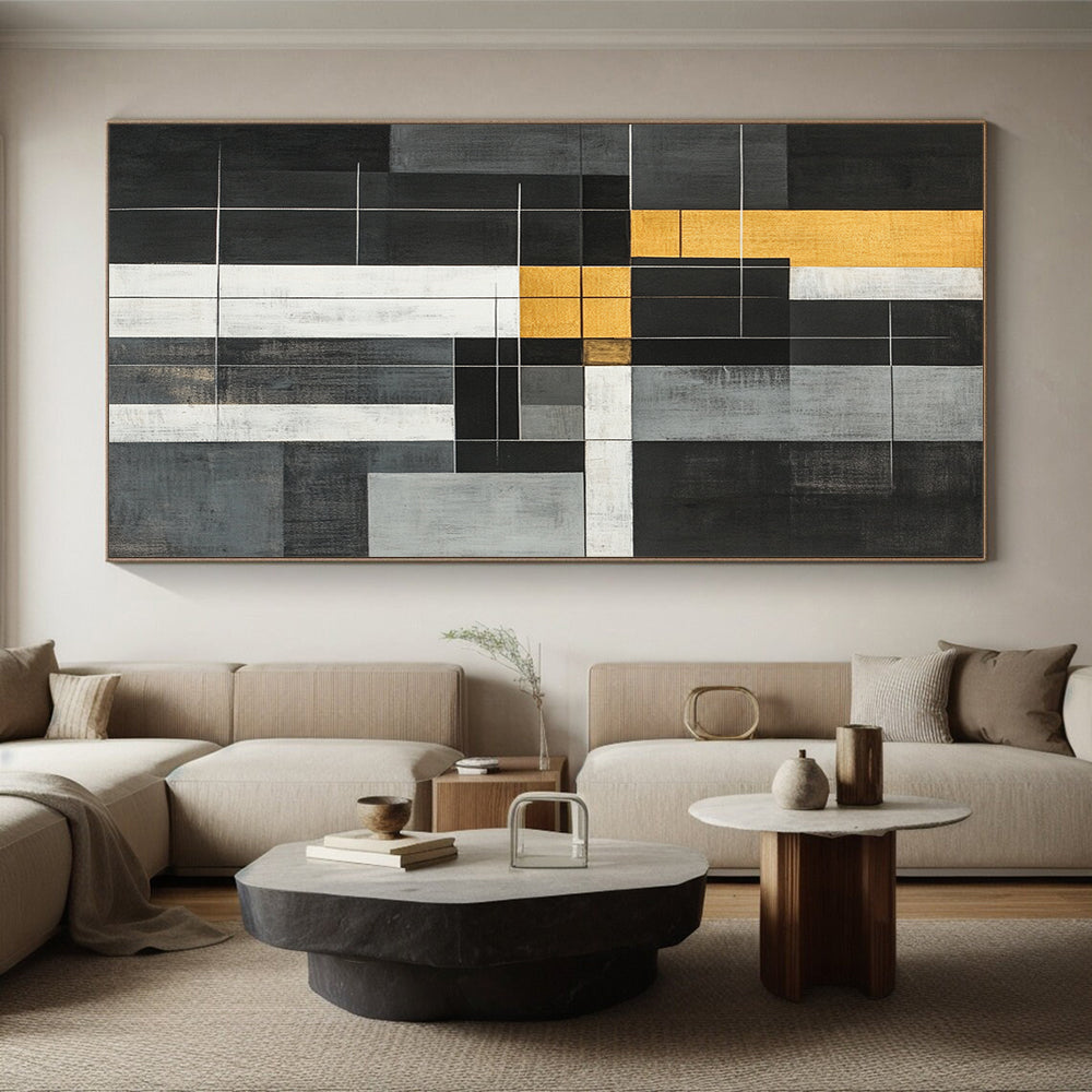 Black, White, Gold, Gray, Geometric Grid "Gilded Geometric Web" Abstract Neo - Plasticist Painting On Canvas HB163