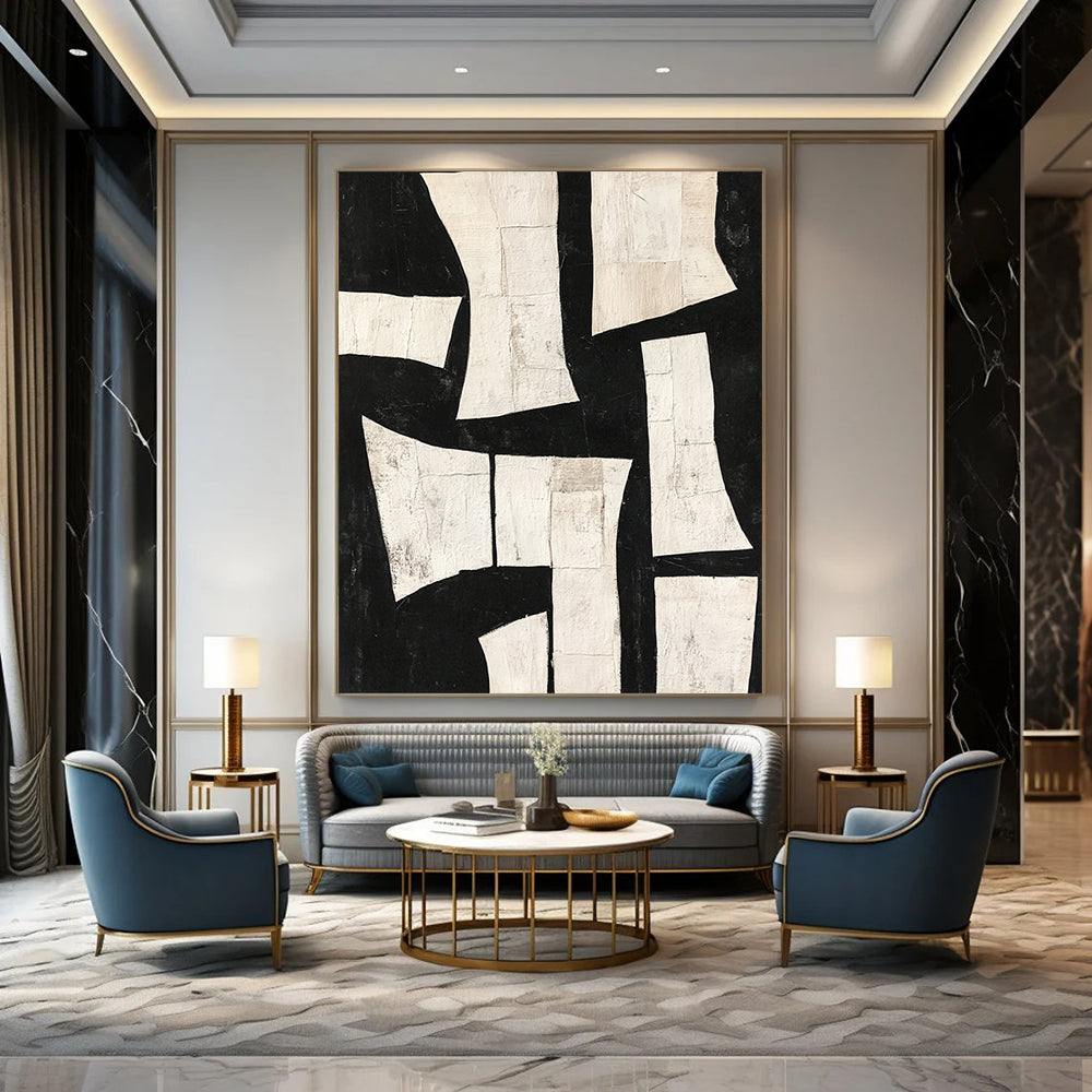 Contemporary hand-painted abstract art featuring deconstructed minimalist shapes and torn paper collage in dynamic white on black. DLZ0303