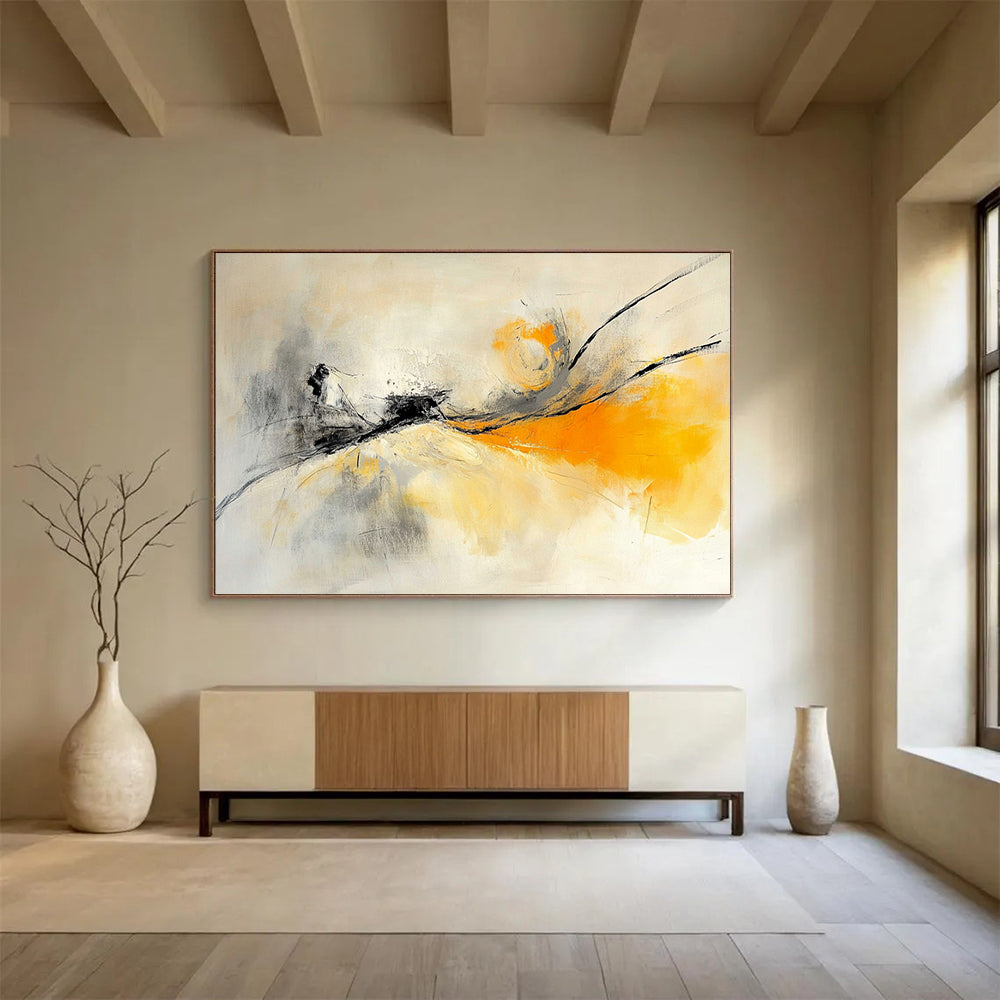“Ethereal Strokes” - Gray, Yellow, Black, Flowing Lines - Abstract Oil Painting HB1534
