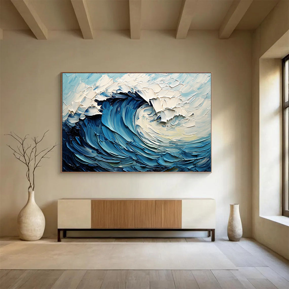 “Thick - Textured Blue Wave” - Blue, White, Swirling Wave, Ocean - Impasto Oil Painting HB1679