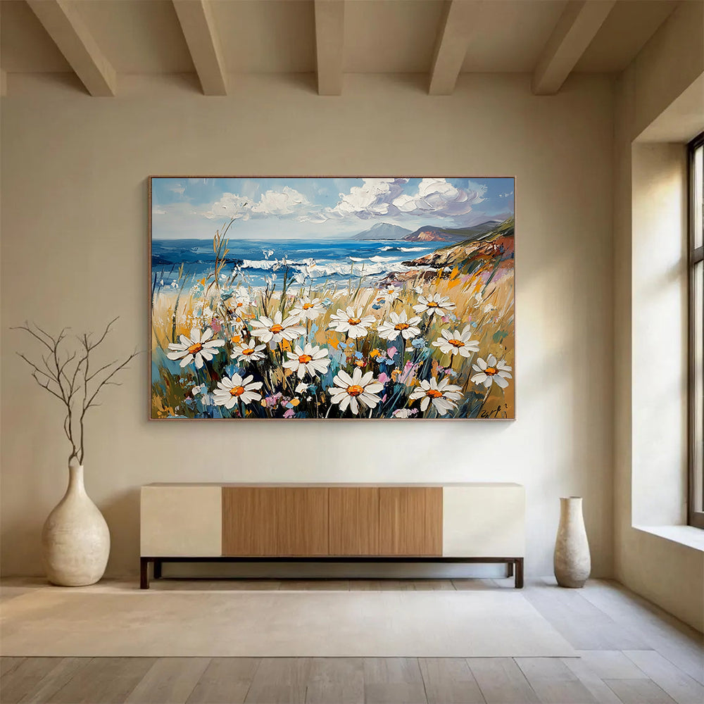 “Seaside Daisies” - Soft Whites, Yellows, Blues, Daisies by the Ocean - Impasto Oil Painting HB1747