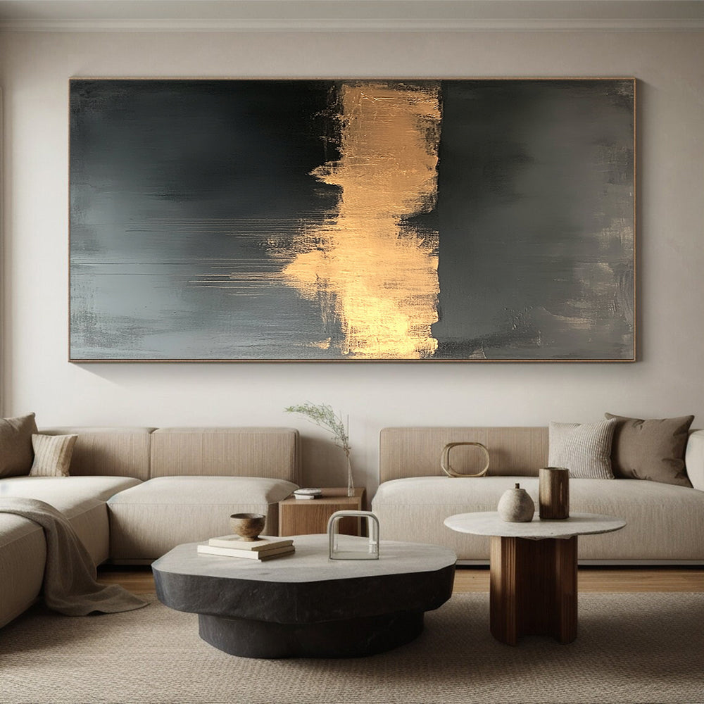 Black, Gold, Gray, Dripping Gold "Gilded Drip" Abstract Expressionist Painting On Canvas HB116