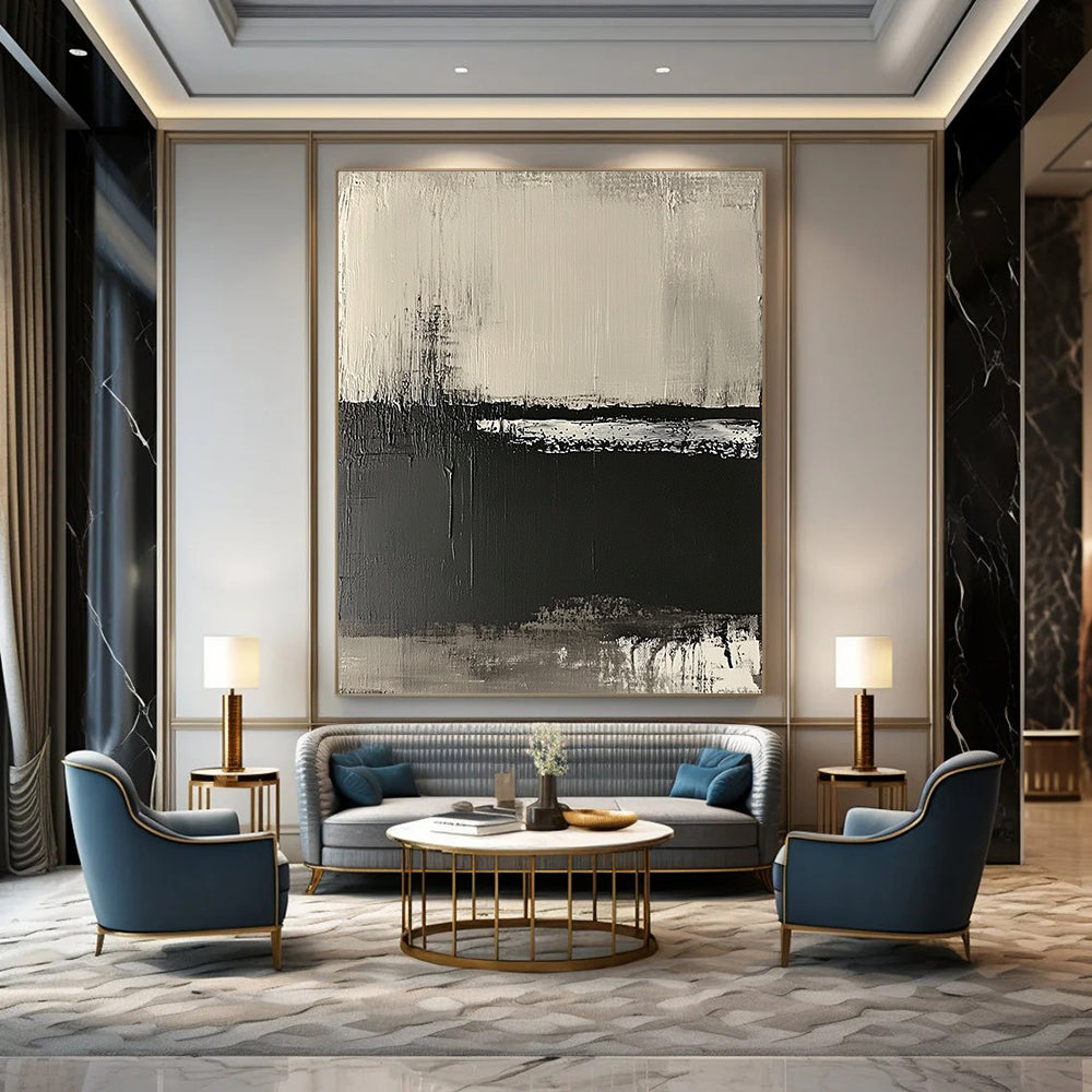 Contemporary hand-painted abstract artwork on textured canvas featuring neutral tones and a striking black-and-white horizon landscape. DLZ0679