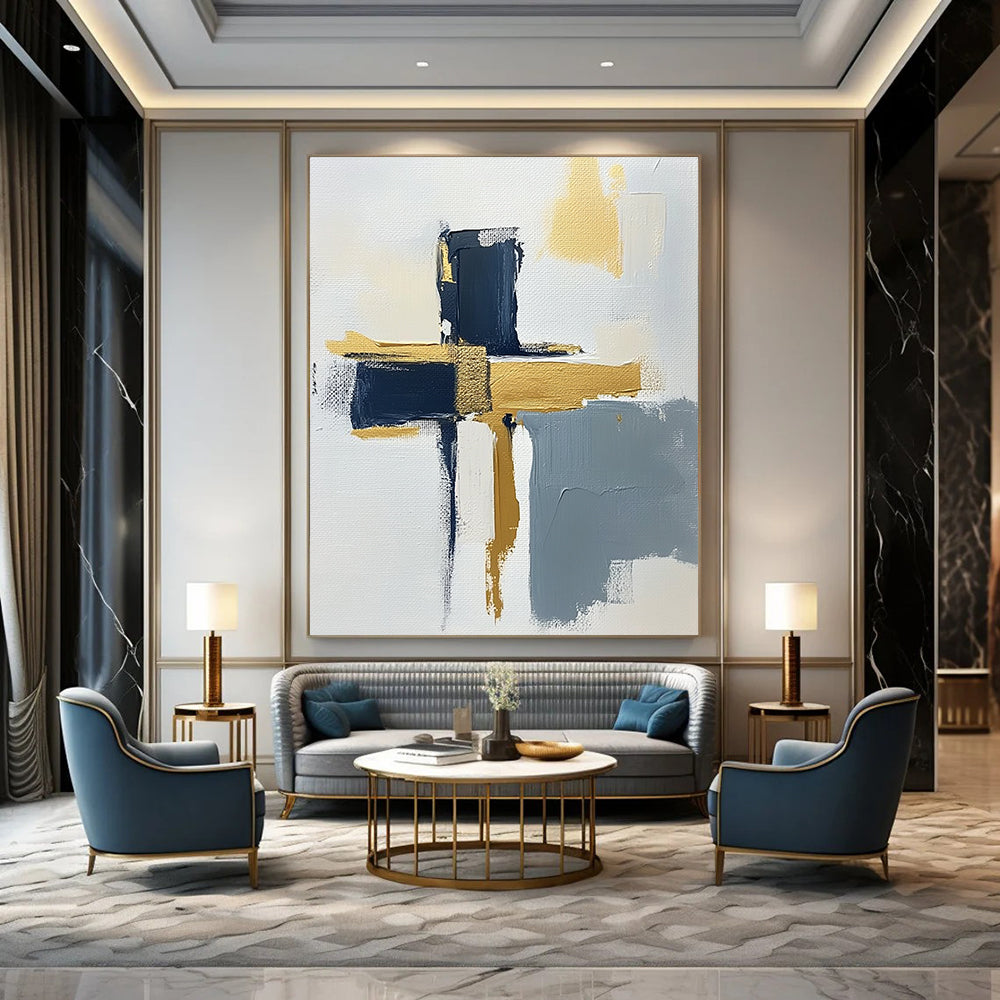 Contemporary hand-painted abstract art featuring a minimalist cross design on a textured canvas with gold highlights navy blue and gray accents. DLZ0592