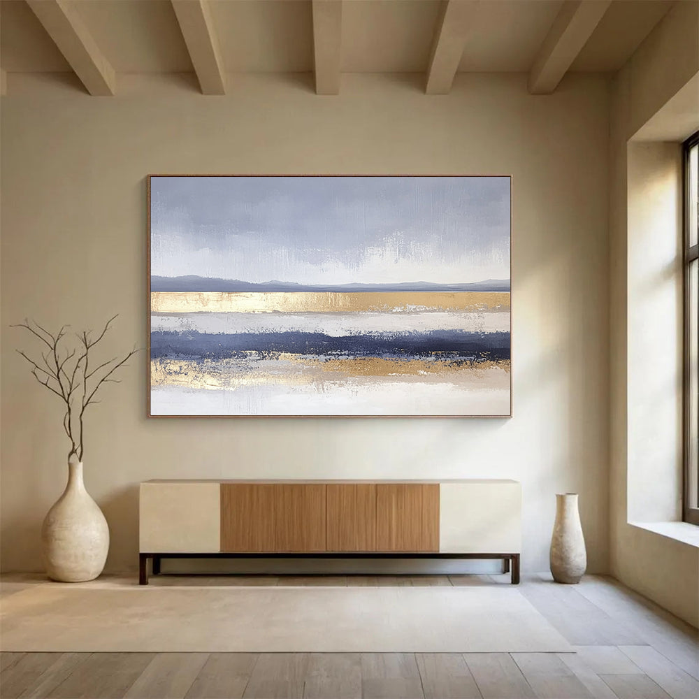 “Gray - Blue Abstract with Gold Bands” - Gray, Blue, Gold, Horizontal Landscape Bands Painting On Canvas HB0852
