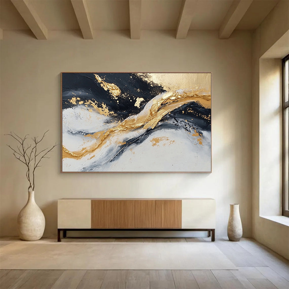 “Textured Gold - Black Wave Motion” - Gold, Black, Gray, Textured Waves Painting On Canvas HB0809