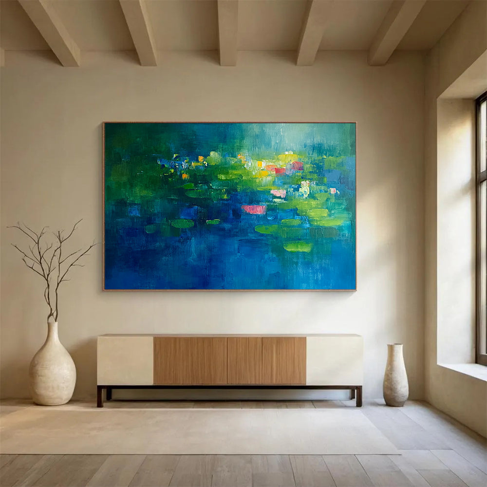“Lily Pond Dreams” - Rich greens, blues, pops of pink, yellow; Abstracted water lilies, pond; Impressionistic Floral Painting On Canvas HB1149