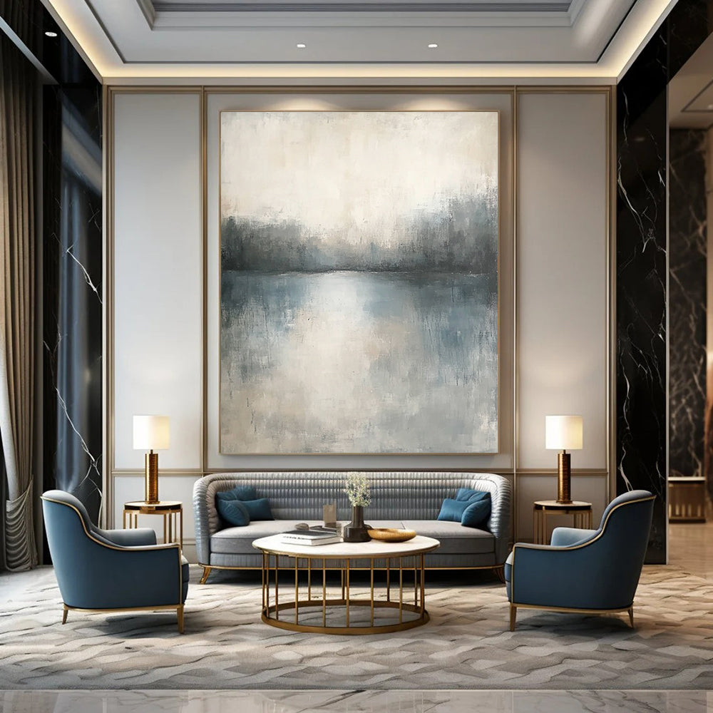 Contemporary abstract painting featuring muted tones and soft textures creating a serene, dreamlike landscape with subtle gradients and blurred edges. DLZ0443