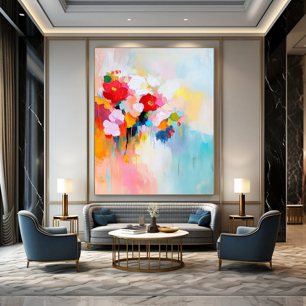 Contemporary abstract painting featuring vibrant colors large brush strokes and serene elements conveying a sense of harmony and joy with a central space for text. DLZ0733