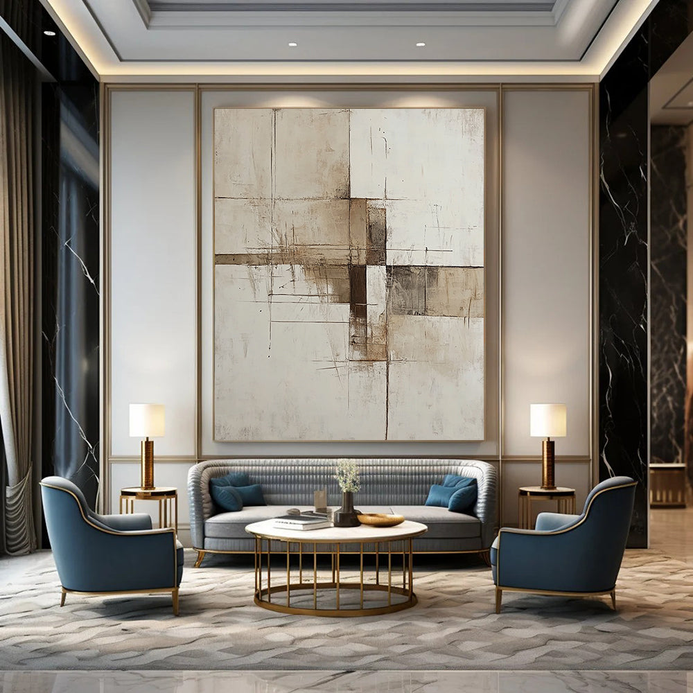Contemporary hand-painted abstract artwork featuring minimalist deconstructed forms in beige white and brown inspired by architectural structures. DLZ0540