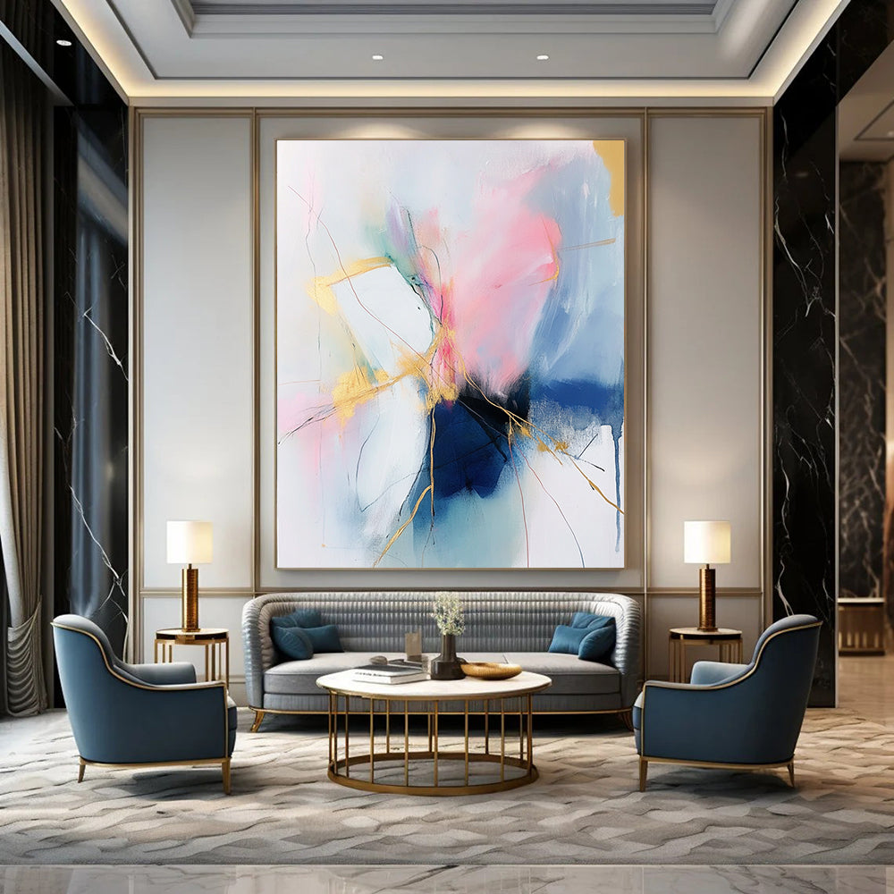 Large contemporary hand-painted abstract art featuring soft pink and blue tones with gold accents on a white background, creating an atmospheric and fluid composition. DLZ0806