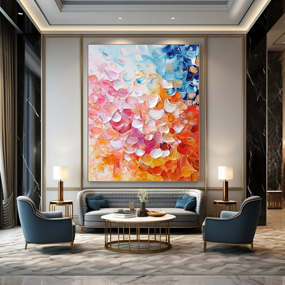 Contemporary abstract painting featuring vibrant pink, orange, and blue petals in thick impasto strokes, perfect for enhancing any modern space. DLZ0384