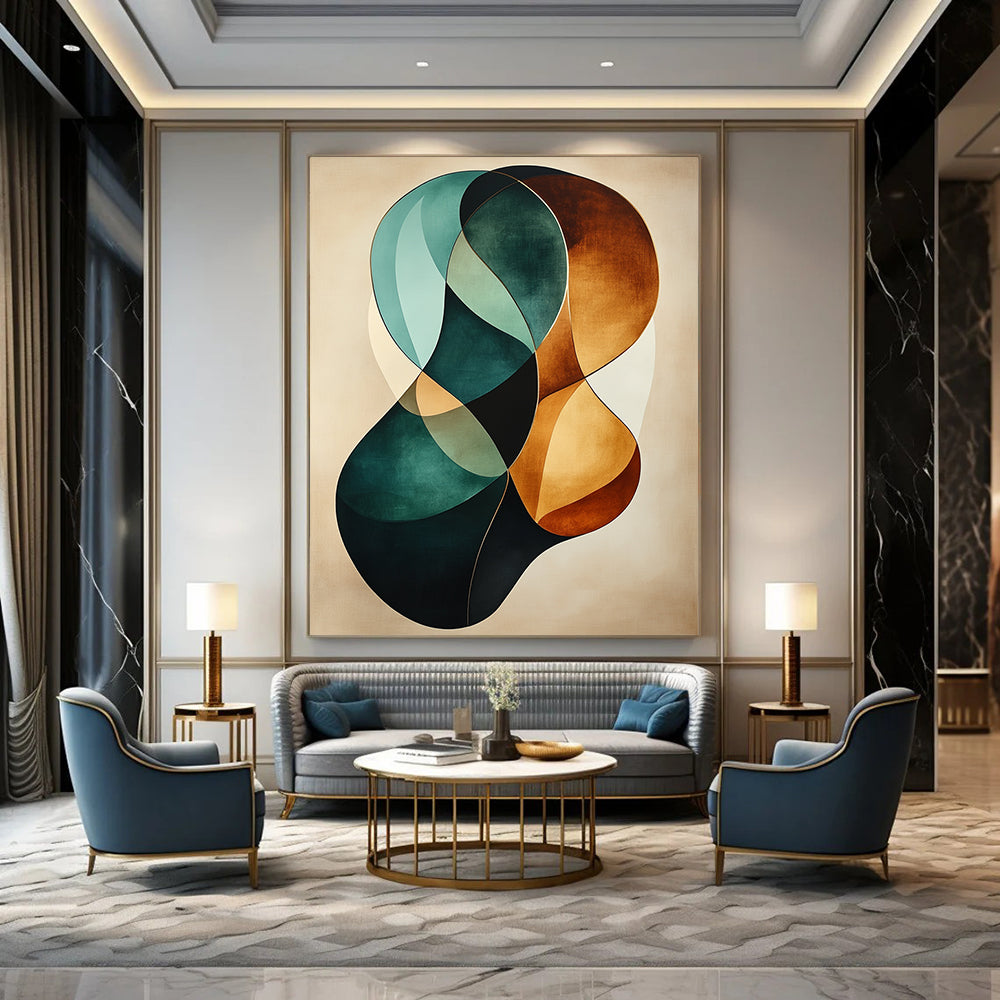 Abstract artwork features graceful teal and brown curves on a beige background with a gold border and a soft canvas texture. DLZ0737