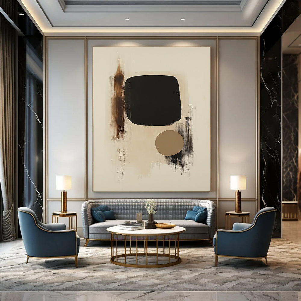 Large contemporary hand-painted abstract art featuring black shapes on beige background with a small brown form and organic brushstroke textures. DLZ1331